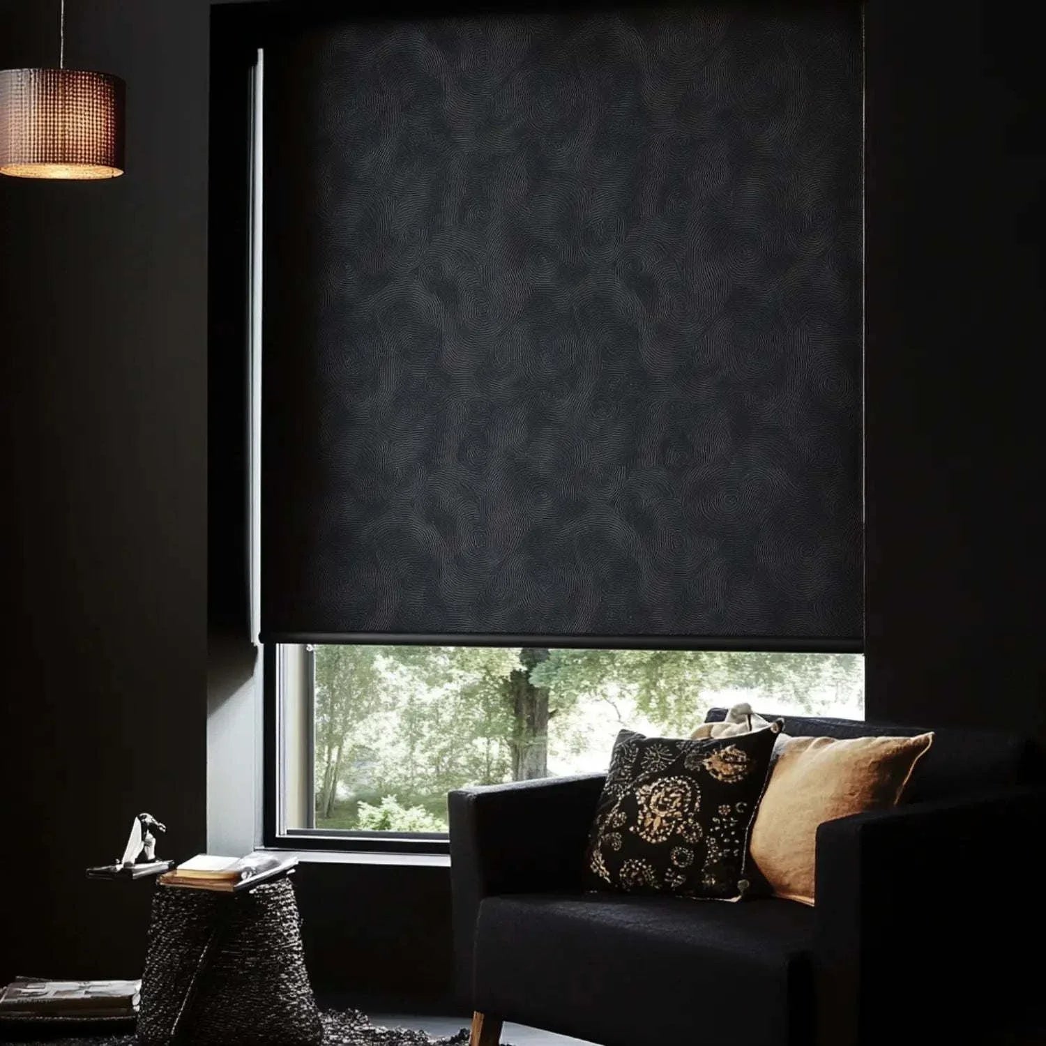 Value Blinds™ light filtering roller shades with motorization, shown in a dark room.