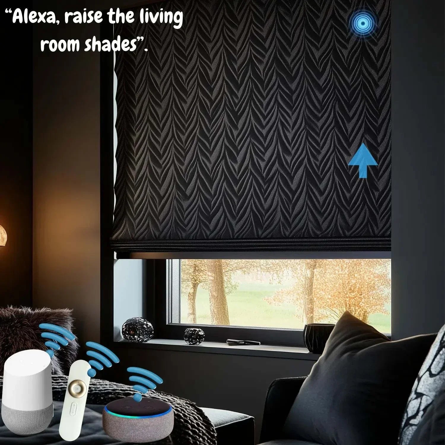 Value Blinds™ light filtering motorized roller shade with smart control in modern living room