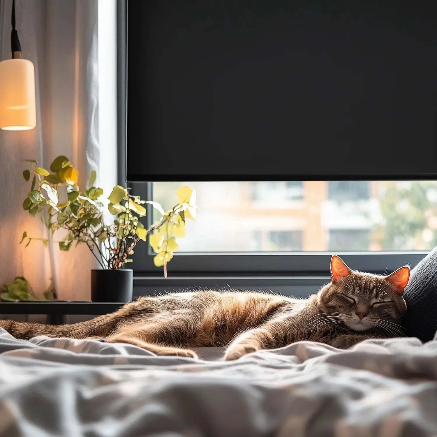 Value Blinds™ Elegant motorized blackout roller shades in bedroom with sleeping cat and plants