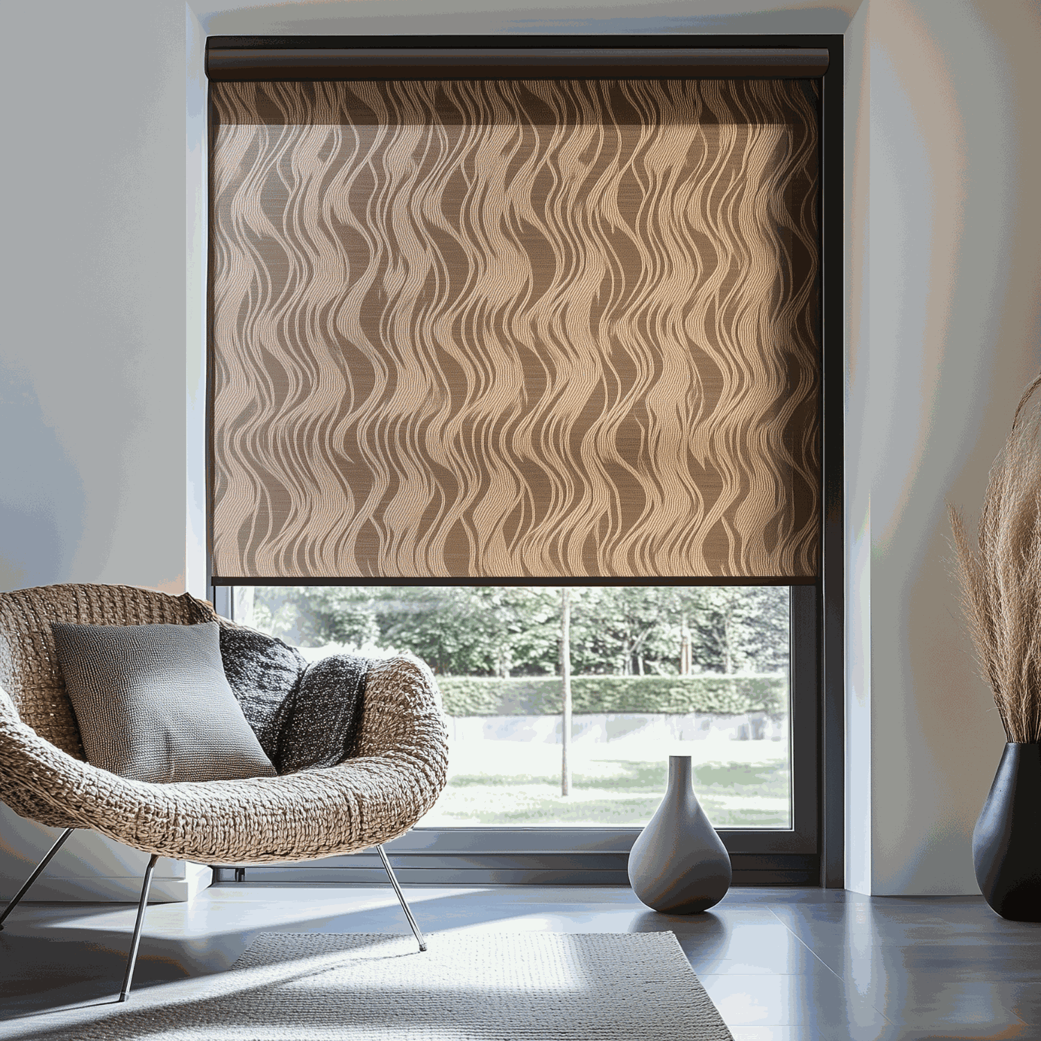 Value Blinds™ elegant roller shades with pattern design and motorization in a modern room.