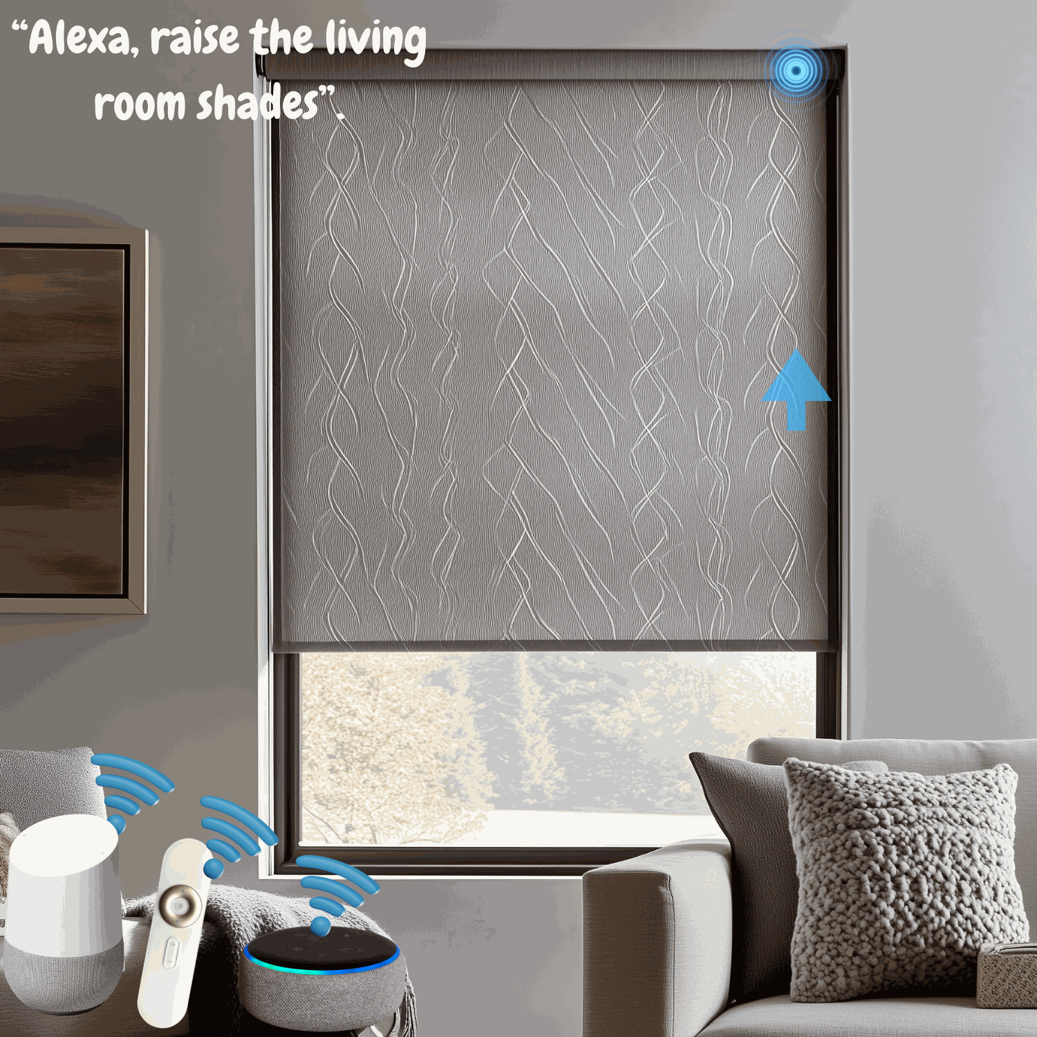 Value Blinds elegant motorized roller shade with light filtering and smart home control in modern living room