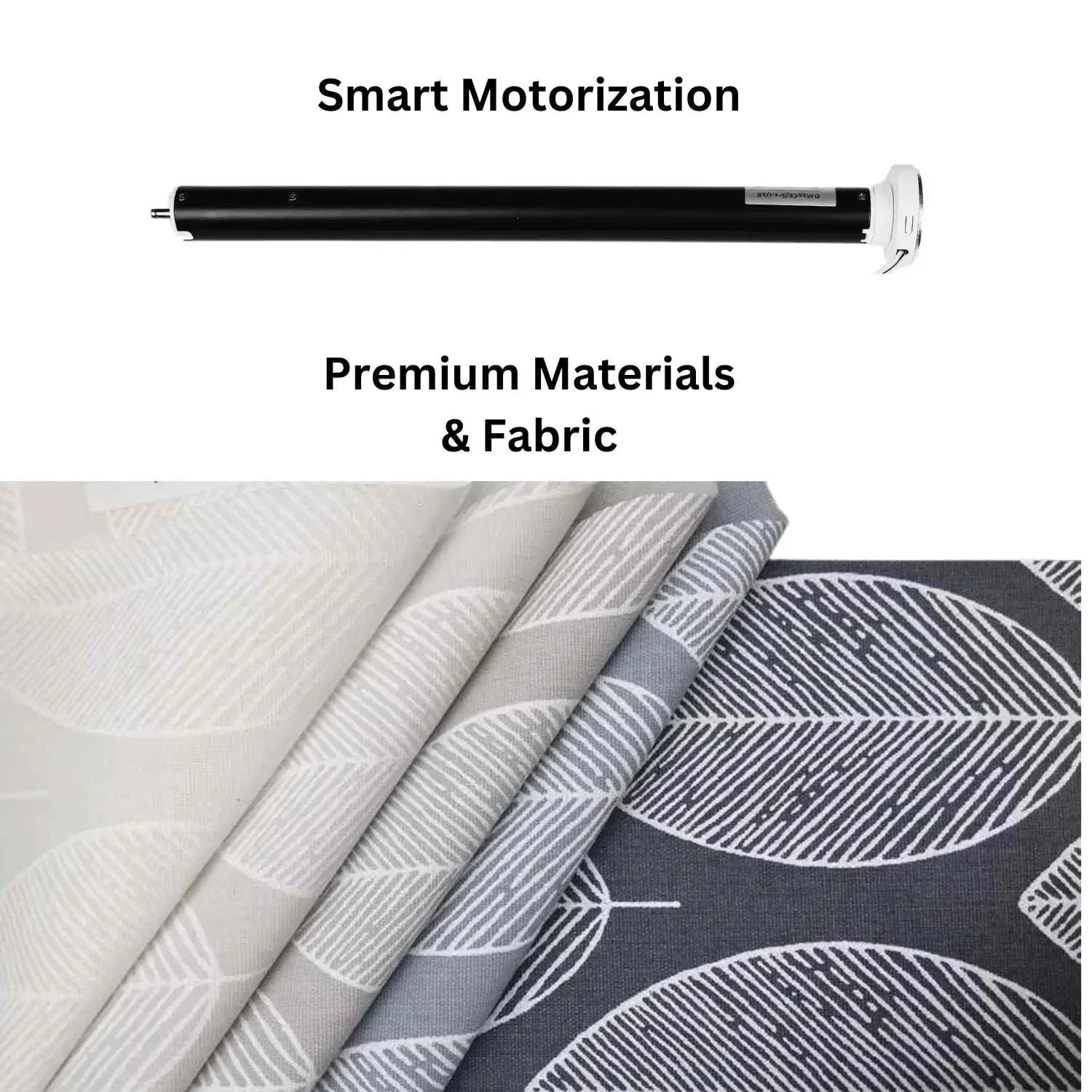 Value Blinds™ Elegant motorized roller shade fabric samples with leafy pattern and smart motorization tube