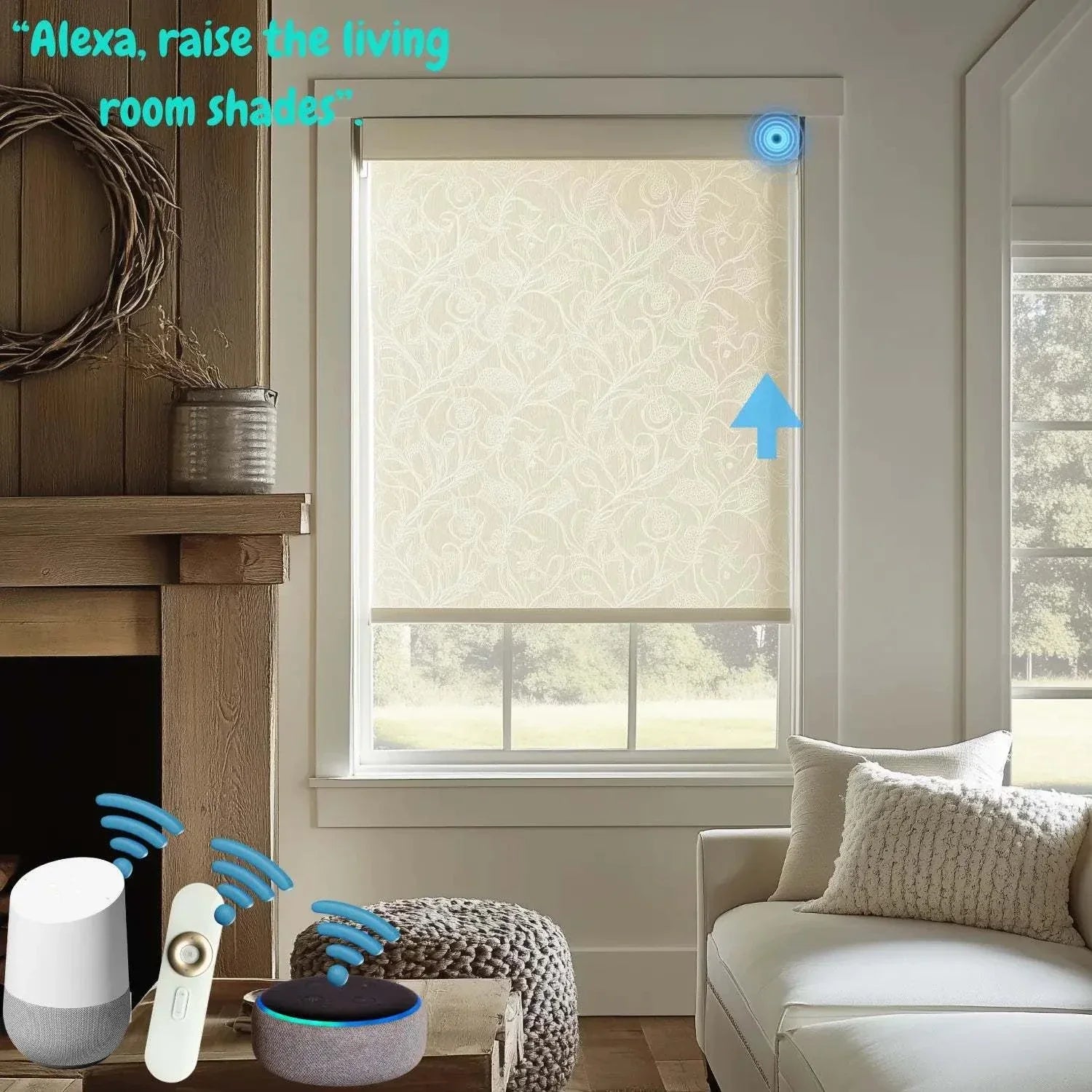 Value Blinds™ Elegant motorized roller shade with smart control and light filtering fabric in cozy living room setting