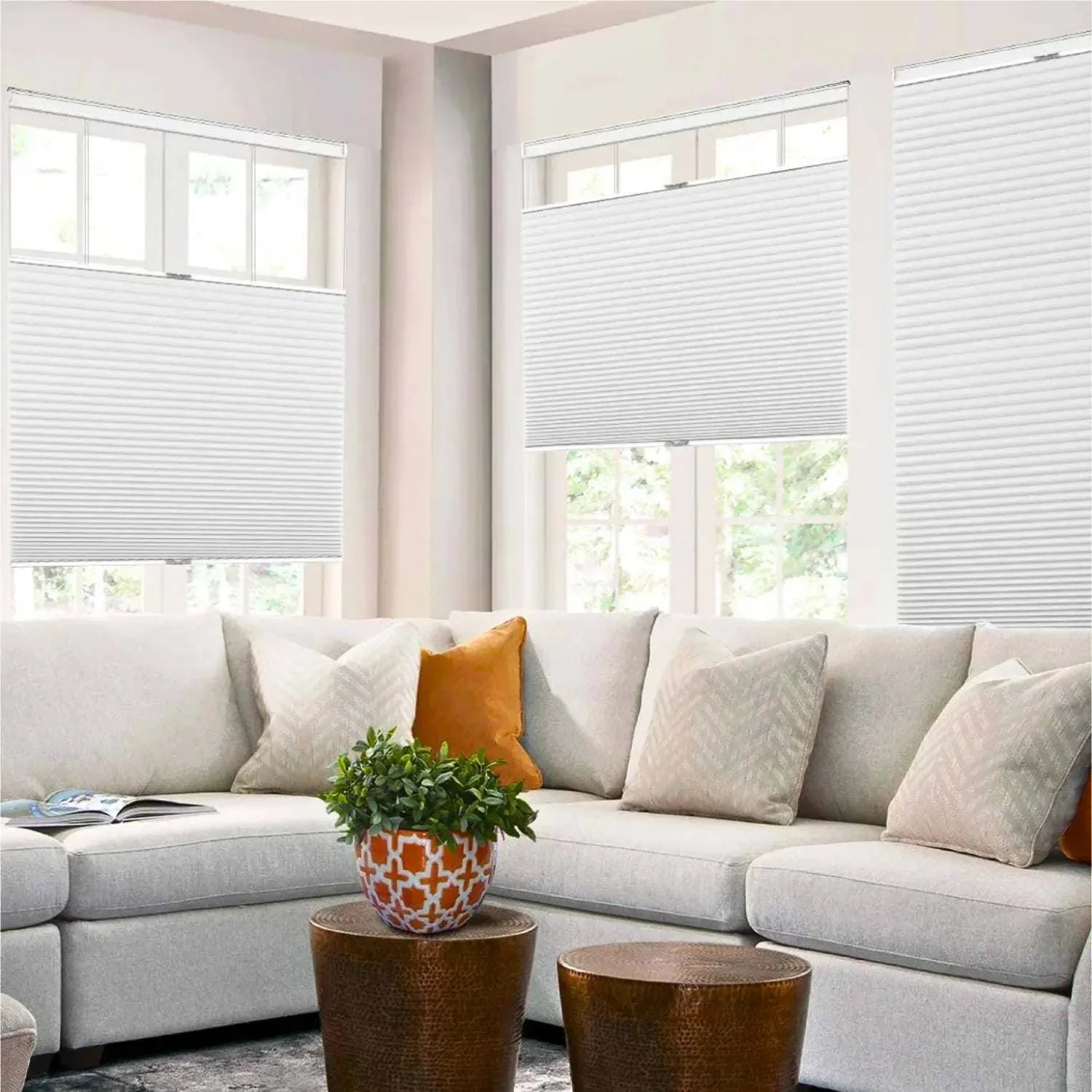 Value Blinds™ Premium Top Down Bottom Up Blackout Duo-Tone Honeycomb Shades in a stylish living room setting, offering light control and privacy.