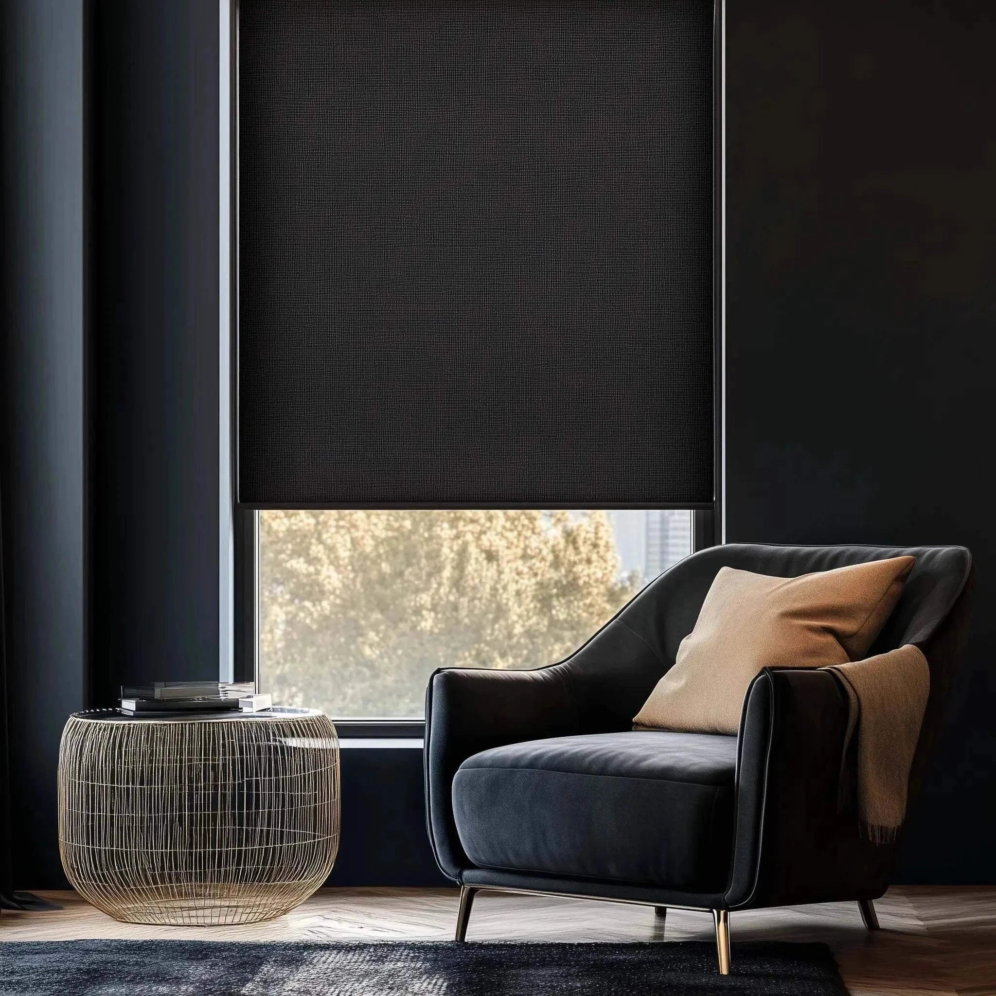 Value Blinds™ Elegant Premium Solar Shades with Smart Motorization in a blacked-out room.