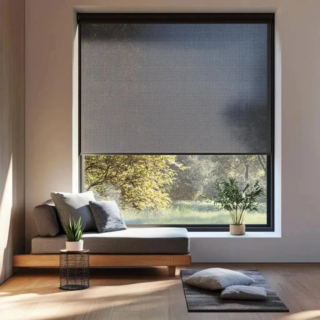 Value Blinds™ Elegant solar shades with 1% openness and smart motorization in modern living room window