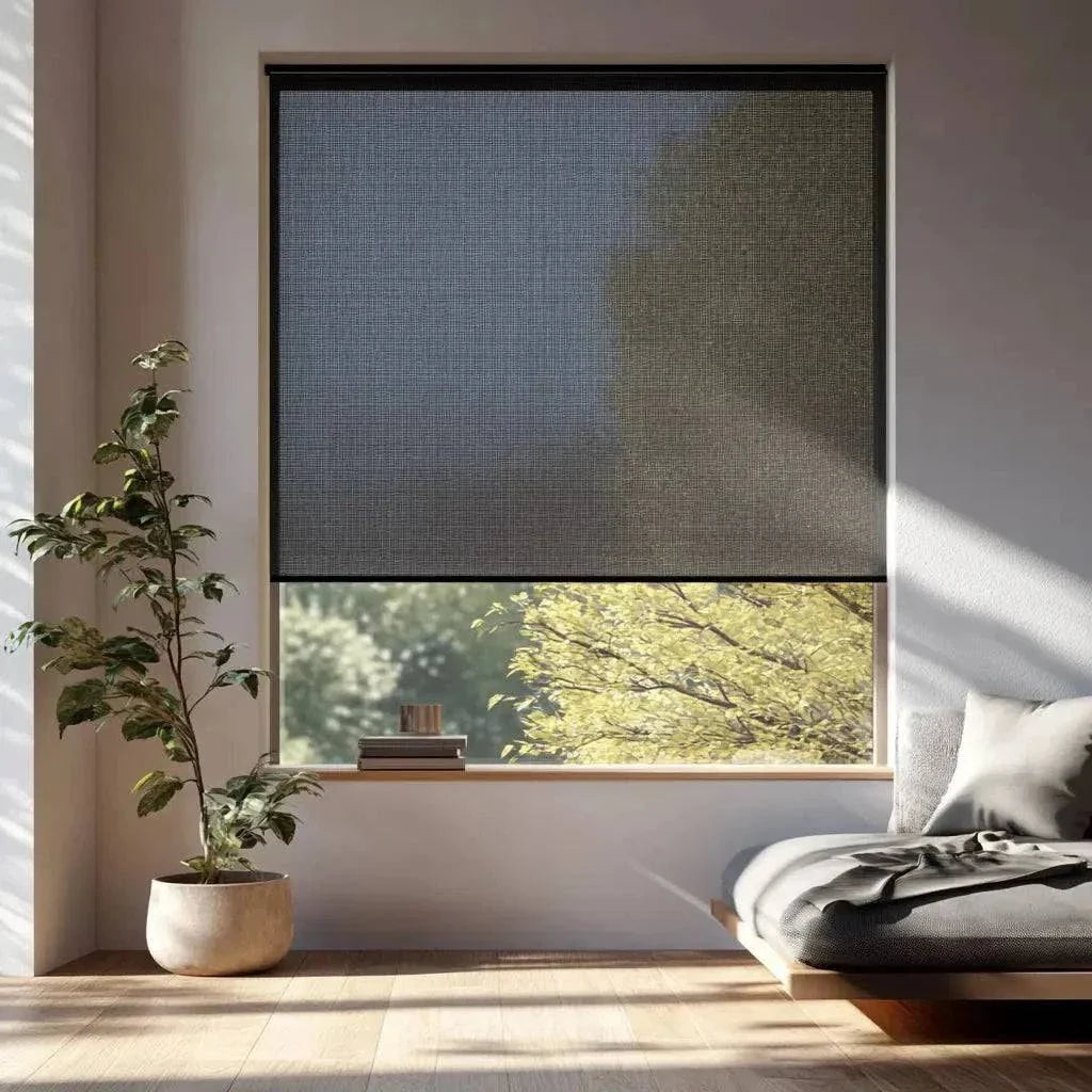 Value Blinds™ elegant premium solar shades with smart motorization in modern living room