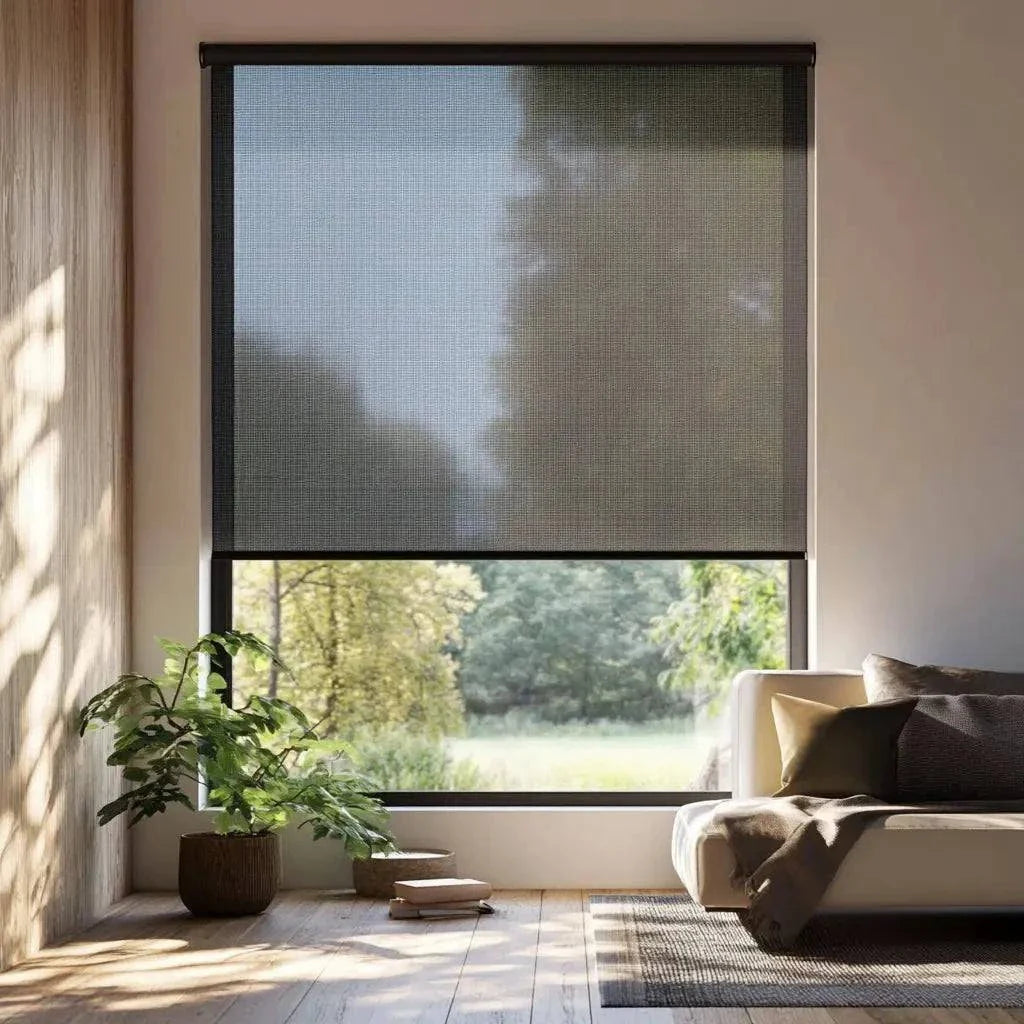 Value Blinds™ Solar Shades with 5% openness, smart motorization, and UV protection in modern living room setting