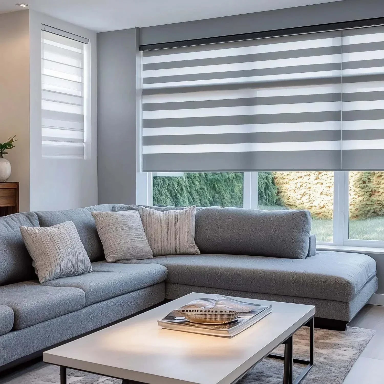 Modern living room with elegant and premium zebra shades on windows providing customizable light control and privacy