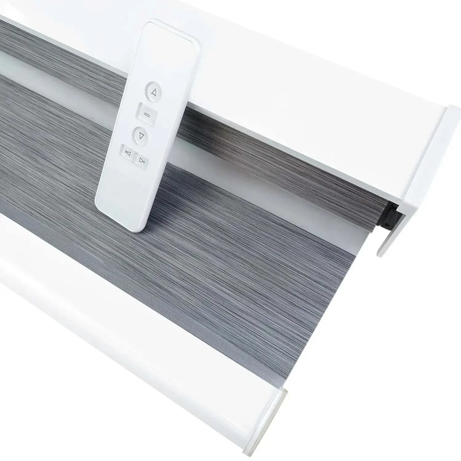 Motorized elegant and premium blackout zebra shades with smart remote control in gray and white design