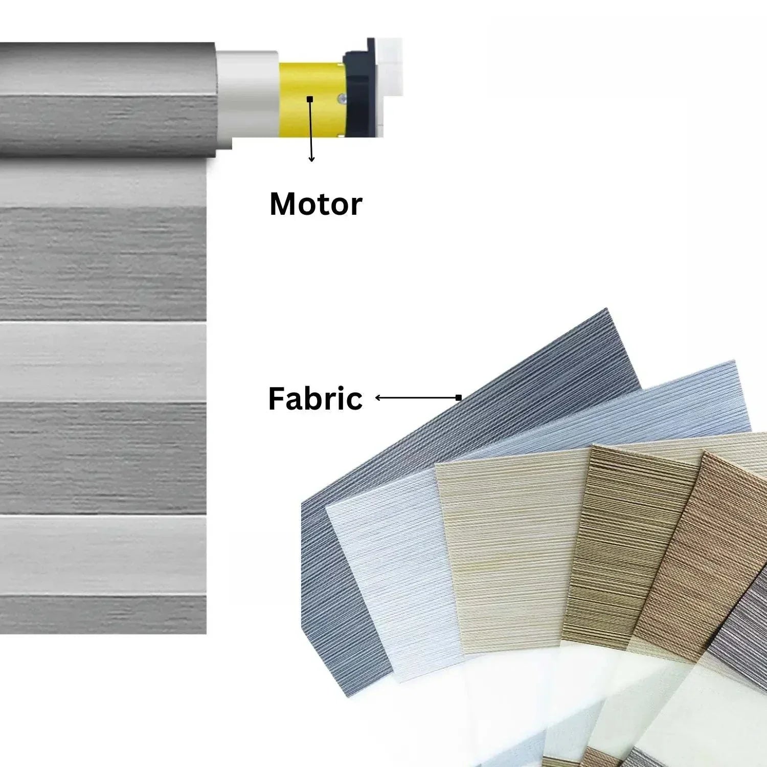 Motorized elegant and premium zebra shades with fabric samples in various neutral tones, showing blackout and smart control features
