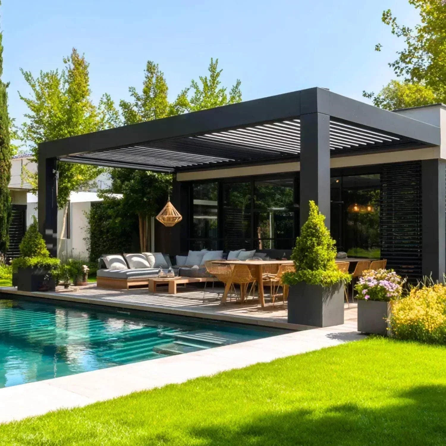 Value Blinds® Elite Motorized Pergola with motorized zip track side screens on a modern patio