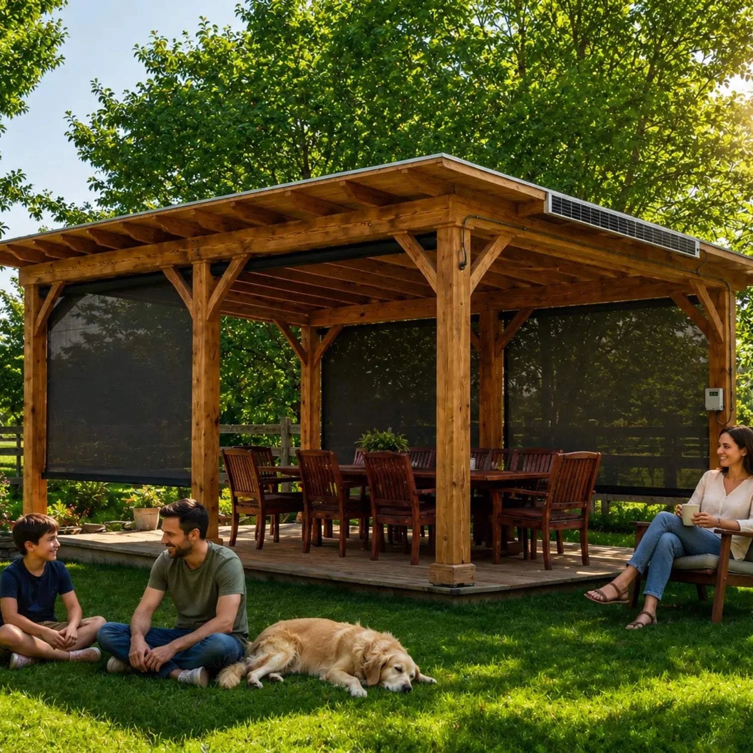 Value Blinds® custom solar-powered motorized outdoor shade without wiring on a patio