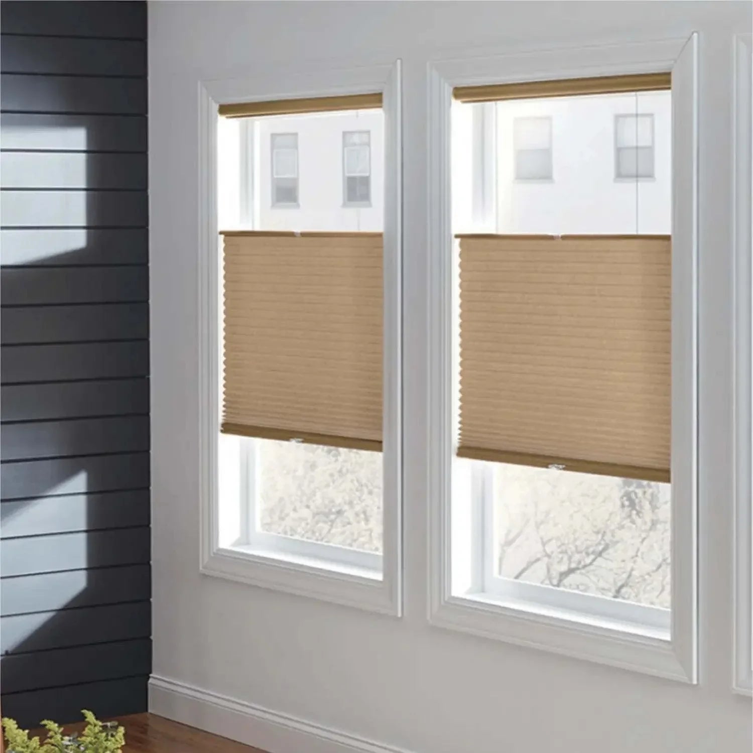 Value Blinds™ Premium light filtering honeycomb shades in a bright room.